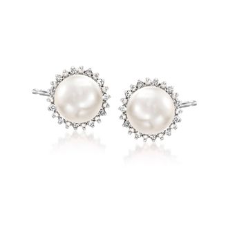 Ross-Simons 7mm Cultured Pearl Stud Earrings With Diamonds in Sterling Silver