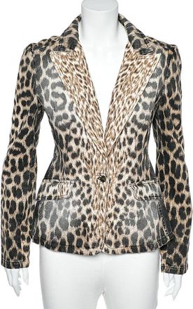 Just Cavalli Brown Animal Printed Denim Button Front Blazer