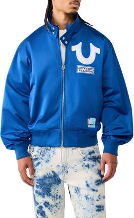 True Religion Logo Screenprint Bomber Jacket in Pacific Blue at Nordstrom, Size Xxx-Large