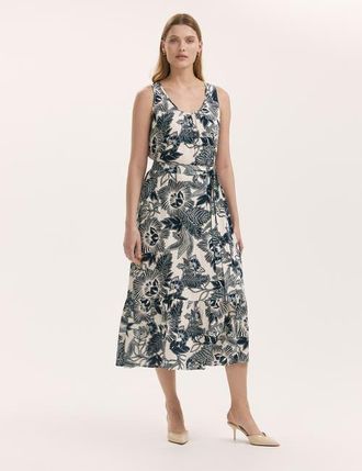Finery Marta Linen Blend Midi Dress in Navy Flower at Nordstrom, Size 12