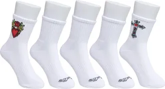 Ed Hardy Heart Print Half Cushion Mid Crew Sock 5-Pack in White at Nordstrom