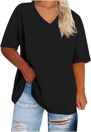 Generic Oversized Tshirts for Women Workout Plus Size Tops V Neck Short Sleeve Gym Shirts Solid Color Sports Casual Loose Fit Pullover Basic Tees Beach Vacati