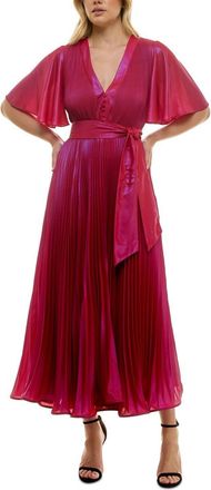 Taylor Midi Dress Womens Red Shimmer Sunburst-Pleated Flutter Sleeve FTS1416