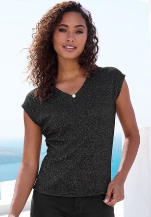 Lascana Kurzarmshirt LASCANA mit Strassknopf in Bl&uuml;tenform, Damen, Gr. 32/34, schwarz, Strick, Obermaterial: 77% Viskose (LENZING ECOVERO), 23% Polyester, mel