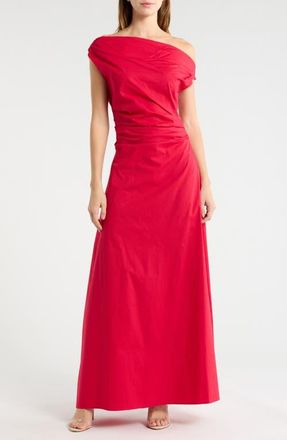Staud Phare One-Shoulder Stretch Cotton Maxi Dress in Cherry at Nordstrom, Size 14