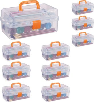 Relaxdays 10 Estuches De Pl&aacute;stico, Organizadores Con 9 Compartimentos, Asas, Cierre Clic, 14 X 33 X 19 Cm, Naranja