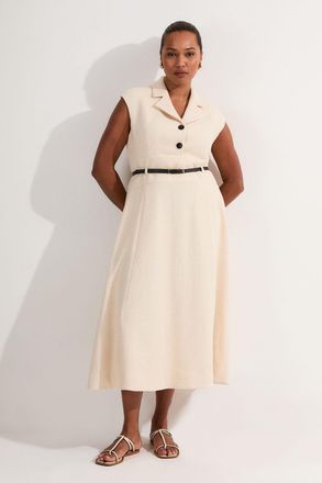 Karen Millen Womens Plus Size Textured Tweed Belted Full Skirted Midi Dress - Cream Cotton - Size 18 UK