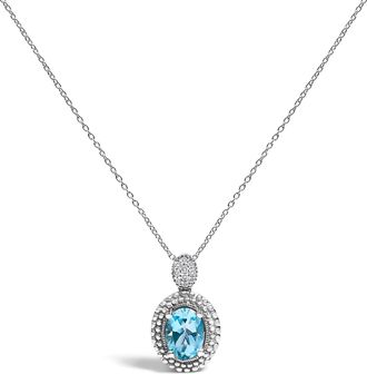 House of Brilliance 925 Sterling Silver Oval Blue Topaz and Diamond Accent with Beaded Halo Pendant Necklace