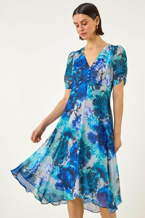 Roman Womens Floral Print Chiffon Midi Dress - Blue - Size 12 UK