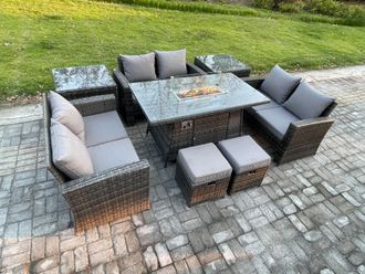 Fimous High Back Rattan Garden Furniture Sofa Sets with Outdoor Furniture Gas Firepit Dining Table Set 2 Small Footstool in Dark Grey