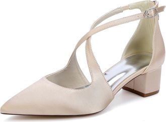 Generic Wedding Bridal Dress Shoes Womens Pointed Toe Ankle Strap Block Heel Pumps Patent Leather Low Heels 4.5Cm,Champagne,10 UK
