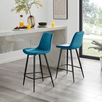 Furniturebox Pesaro Set of 2 Velvet Black Legs Counter Stools in Blue