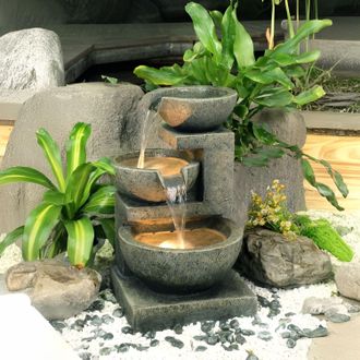 PRIMROSE Kendal 3 Tier Cascading Water Feature with Lights Indoor Outdoor H62cm in Brown