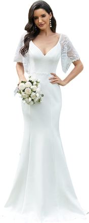 Ever-pretty Womens Elegant Ruffle Sleeves Mermaid Empire Waist A-Line V Neck Wedding Guest Dresses White 20UK