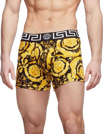 Versace Jersey Stretch Barocco Trunks In Black/yellow