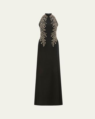 Jenny Packham Elu Beaded Crepe Halter Gown