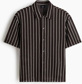 H&M Regular Fit Textured-knit Shirt in Dark Brown/striped at Nordstrom, Size Xx-Large