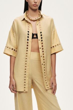 Nocturne Belted Eyelet Detail Short-Sleeve Jacket in Yellow at Nordstrom, Size X-Small Eu