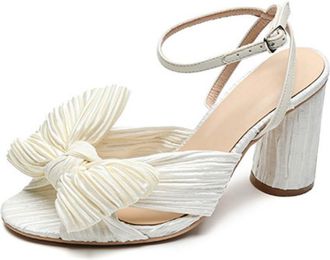 Generic Womens Pleated Satin Wedding Shoes for Bride Peep Toe Slingback Party Prom Sandals Block High Heel Bridesmaid Shoes,White,5.5 UK
