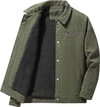 Generic Male Vintage Slim Fit Corduroy Denim Jacket Casual Stand Collar Button Down Fleece Lined Trucker Jacket Pocket Jacket (Army Green, XXL) Fitted Regular