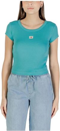 Calvin Klein Jeans Gebreide korte mouwen T-shirt - Dames - T-shirts - Blauw - M - Katoen - Tops