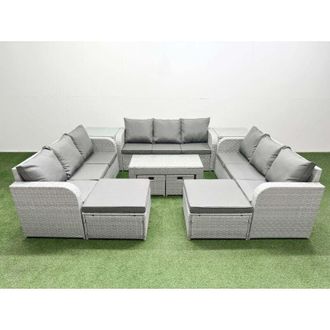 Fimous Outdoor Garden Furniture Set pe Rattan 3 Seater Sofa Set with Oblong Coffee Table 4 Footstools 2 Side Tables Light Grey - Fimous