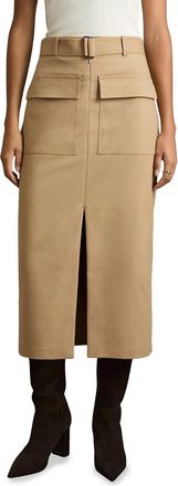 Reiss Oakley Pencil Front Slit Belted Midi Skirt In Camel