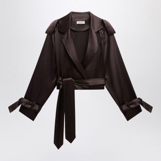 Frankie Shop Short Simona Trench Coat In Dark Brown Satin