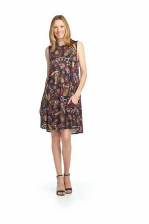 Papillon Elizabeth Floral Pattern Sleeveless A-Line Dress In Black With Multi Color