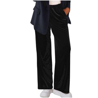 Generic Velvet Trousers for Women UK Elastic Waist Straight Wide Leg Trousers Velour Retro Lounge Pants Stretch Baggy Sweatpants Drawstring Sports Trousers Co