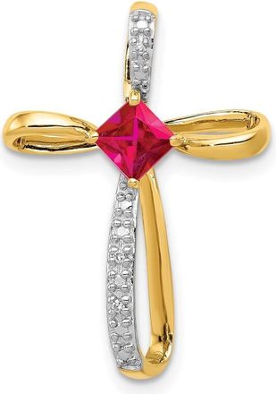 Diamond2Deal 14k Yellow Gold 4mm Square Lab Created Ruby and Diamond Cross Slide Pendant