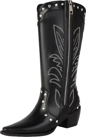 Generic Womens Western Mid Calf Boots Square Toe High Thick Heel Zipper Closure With Embroidery And Rivet Details