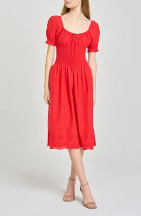 Wayf x Hannah Lovey Porter Dahlia Eyelet Detail Cotton Dress in Red at Nordstrom, Size X-Large