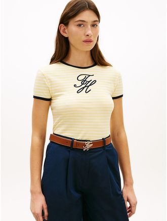 Tommy Hilfiger Womens Script Monogram Striped Ringer T-Shirt - Yellow - XXL