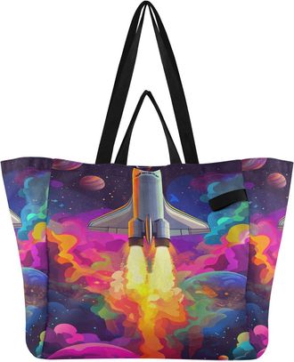 Generic Planet Colorful Pink pattern Reusable Canvas Tote Bag, Heavy Duty Grocery Shopping Bag with Double Handles Large Capacity Hard Bottom Work Groceries T