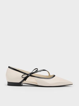 Charles & Keith Patent Contrast-Trim Pointed-Toe Bow-Strap Flats