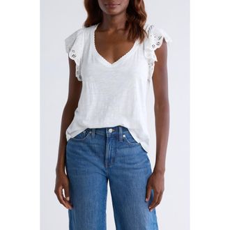 Wit & Wisdom Eyelet Flutter Sleeve Jersey T-Shirt in Off White1 at Nordstrom Rack, Size X-Small