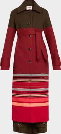 Christopher John Rogers Embroidered Stripe Belted Long Trench Coat