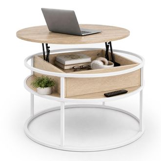 Relaxdays Relaxdays (al X &Oslash;): 47 X 80 Cm, Mesa Redonda Con Tapa Elevable Y Almac&eacute;n, Mdf Y Metal, Beige/blanco