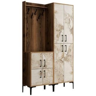 Dmora Muebles De Entrada Dgottard, Entrada Para Perchas, Composici&oacute;n Para Atrio, Consola De Almacenamiento Multifunci&oacute;n, 120x35h200 Cm, Nogal Y M&aacute;rmol Blanc