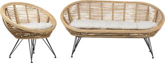 Beliani Conjunto 3 Plazas Rat&aacute;n Sof&aacute; Sill&oacute;n Boho Beige Claro Coj&iacute;n Tela Algod&oacute;n Resistencia Media Interior Natural Maratea