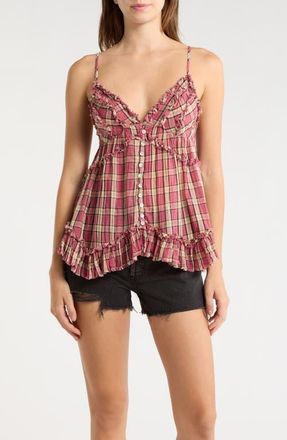 BDG Clara Mix Print Ruffle Trim Top in Red Check at Nordstrom, Size X-Small