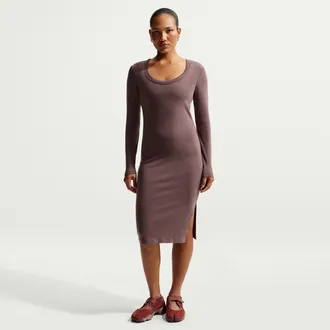 Nike Womens Nike Sportswear Chill Knit Tight Long-Sleeve Midi Mini-Rib Dress in Purple | HV2799-502
