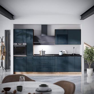 Vicco Mueble De Cocina Fame-line, Azul Oscuro Alto Brillo/roble Dorado, 310 Cm Sin Encimera, Vicco