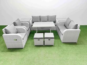 Fimous Outdoor Rectangular Table Sofa Set with Reclining Chair 2 Side Table in Light Grey