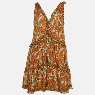 Zimmermann Brown Paisley Print Silk Ruffled Mini Dress