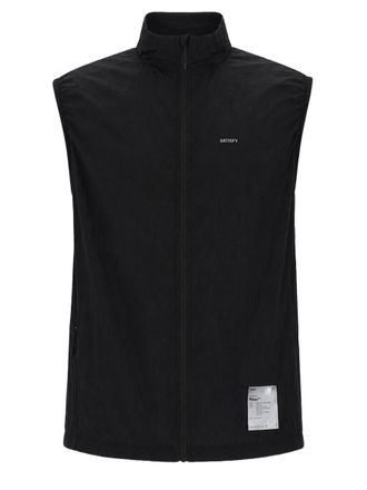 SATISFY Black Sleeveless High-Collar Zippered Nylon Jacket