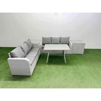 Fimous Patio Dining Table & Chairs Set Rattan High Back Lounge Sofa Set with 3 Seater Sofa 2 Side Tables Light Grey - Fimous