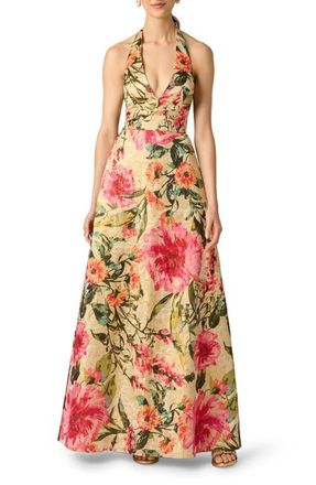 Aidan Mattox Metallic Floral Jacquard Halter Neck Gown in Pink Multi at Nordstrom, Size 10