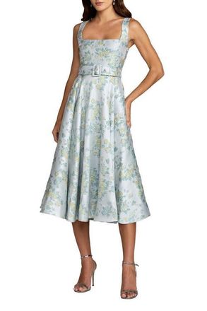 Mac Duggal Sleeveless Belted A-Line Midi Dress in Blue Multi at Nordstrom, Size 10